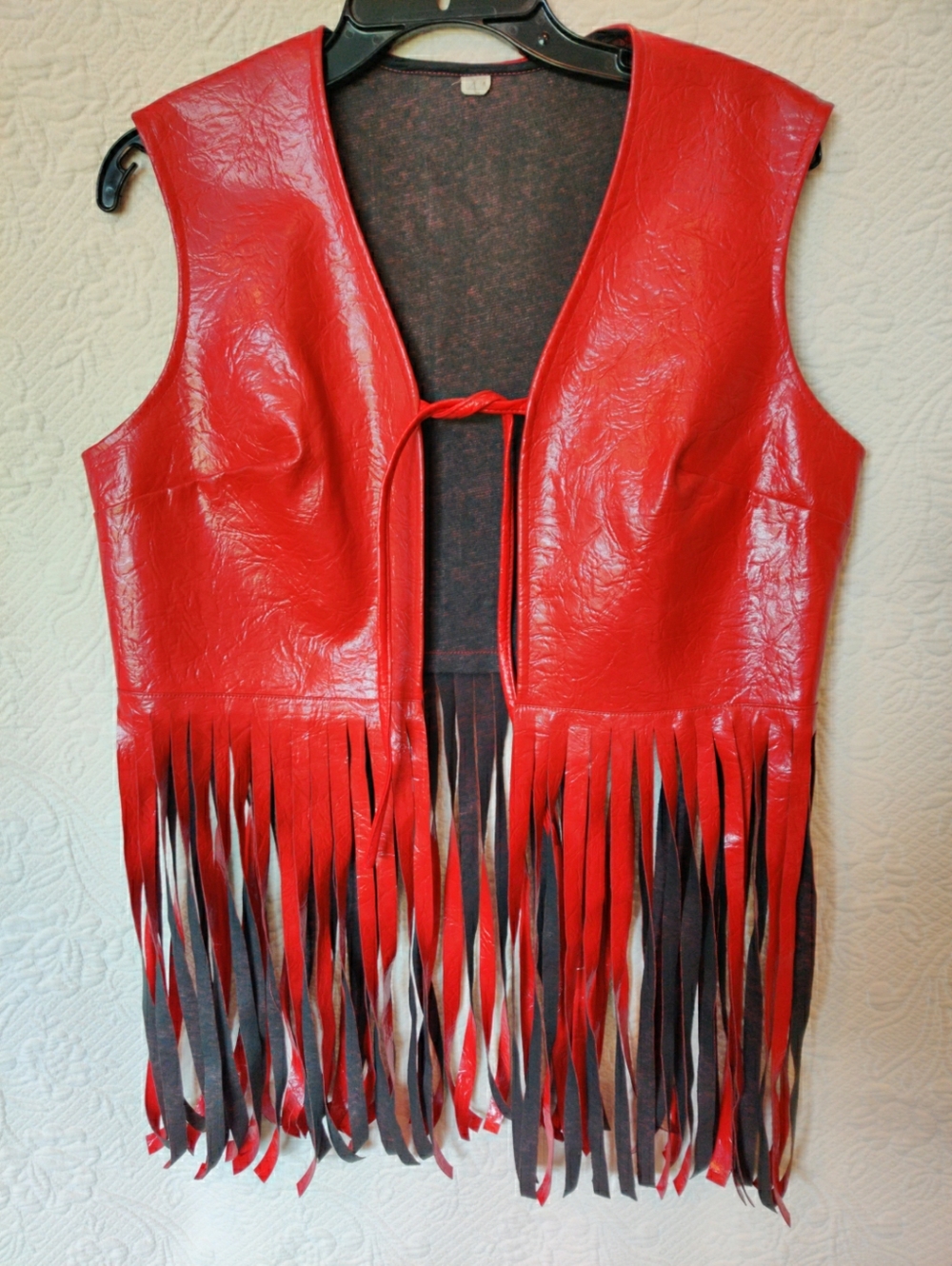 Women's Red Fringe Vinyl Open Vest With Tie Closure Size Large